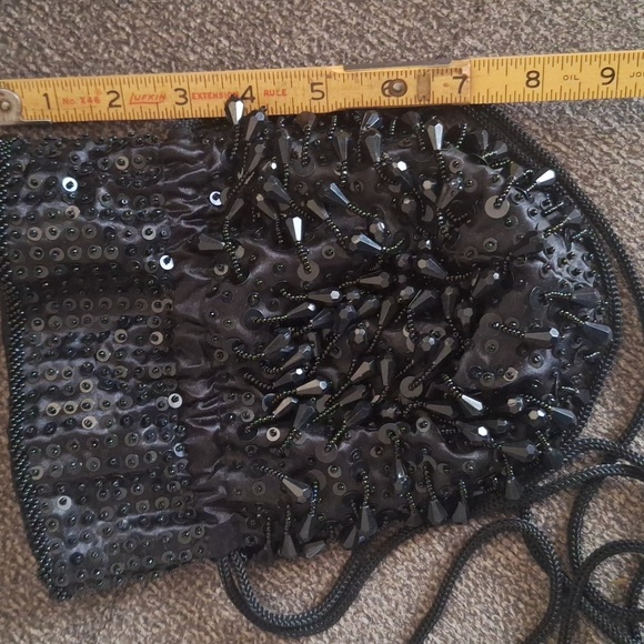 Vtg Dressy Purse Black Dangle Beads Sequins Sparkle Drawstring Pouch Crossbody - Picture 8 of 10